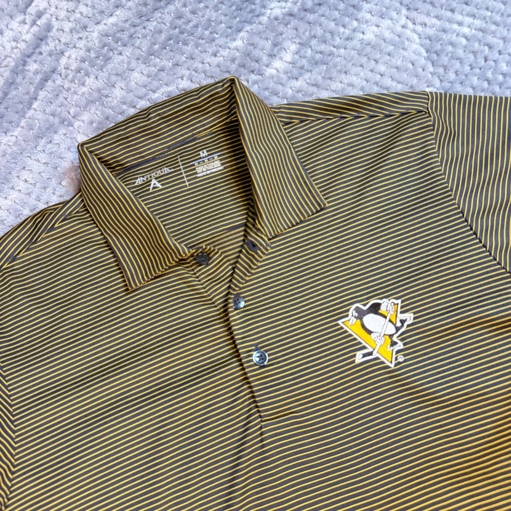Antigua Pittsburgh Penguins NHL Mens Polo Shirt Yellow Black Striped Size M